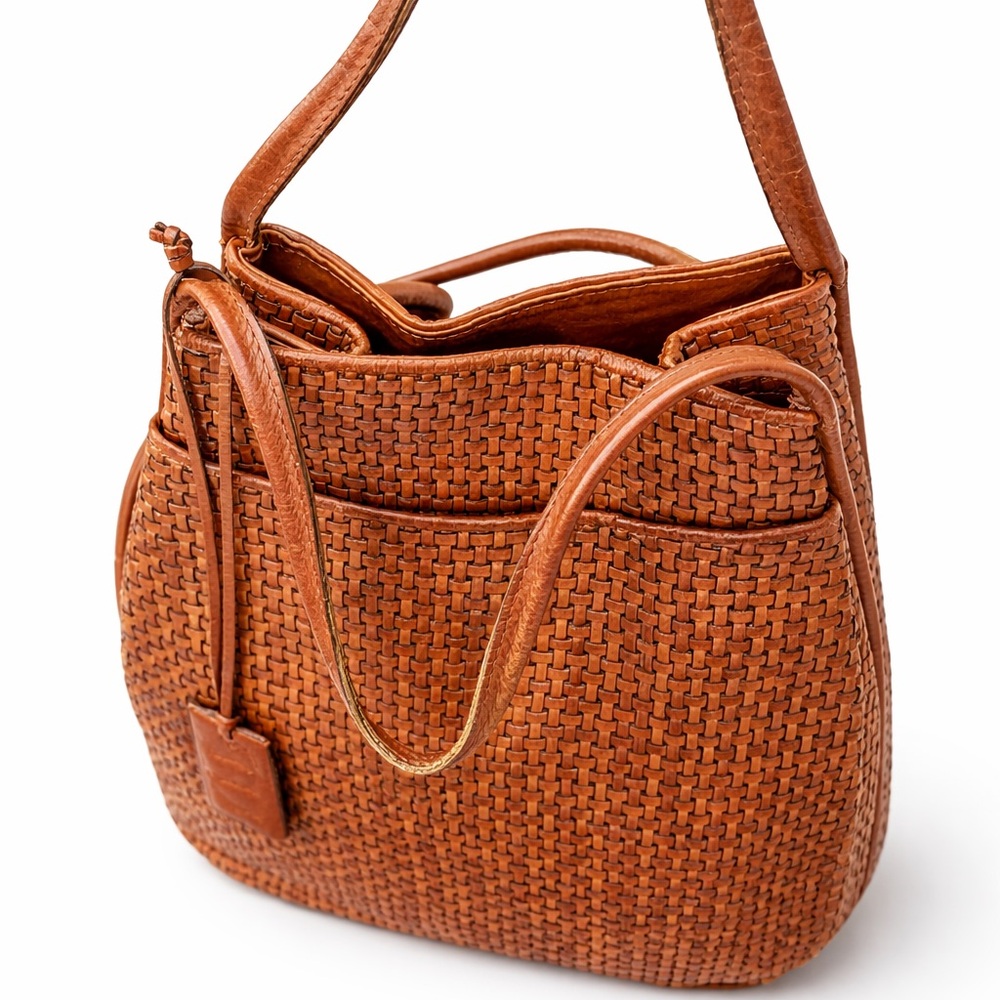 Vintage CEM Woven Leather Shoulder Bag Brown Basket Weave Boho Minimalist